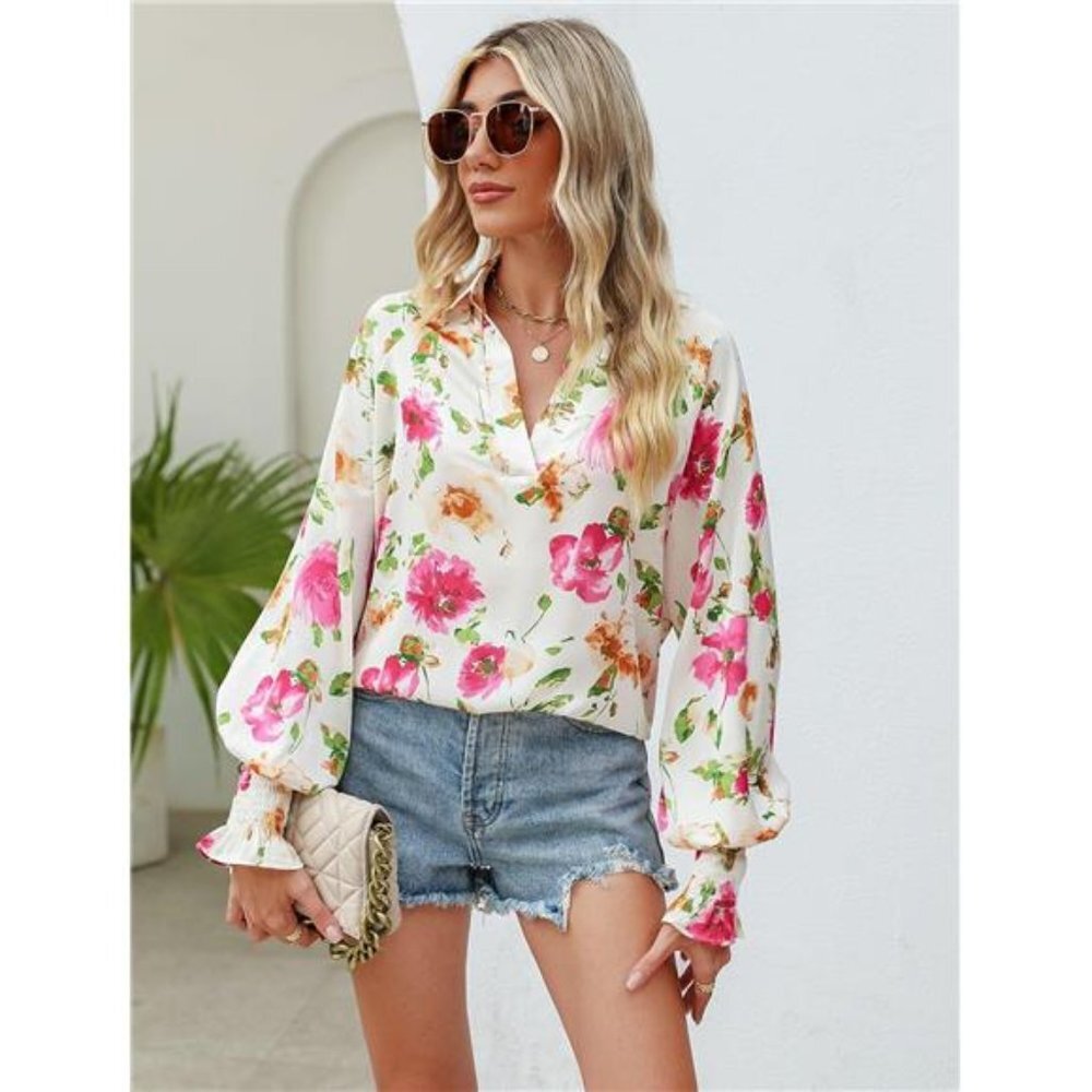 White Boho Floral‎ Print V Neck Long Lantern Sleeve Flowy Loose Top Blouse Shirt - Picture 4 of 6